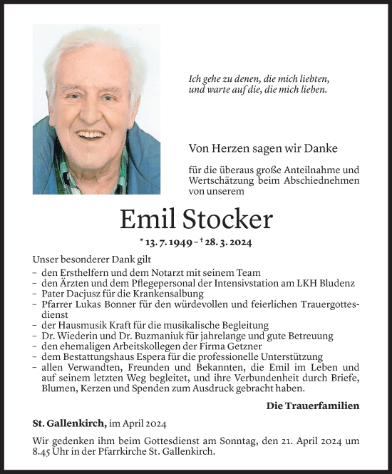 Todesanzeige von Emil Stocker von Vorarlberger Nachrichten