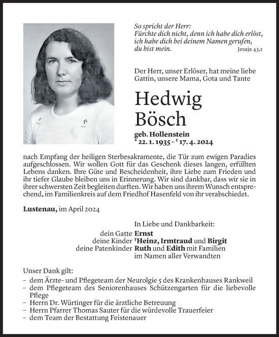 Todesanzeige von Hedwig Bösch von Vorarlberger Nachrichten