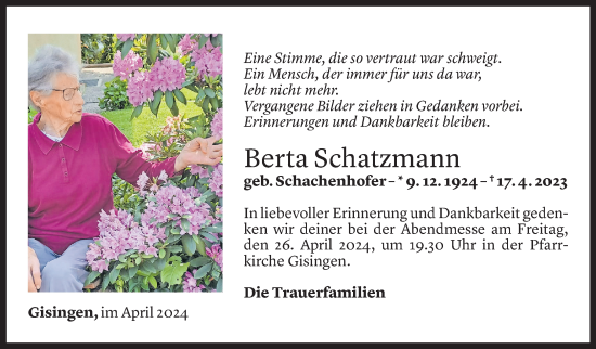 Todesanzeige von Berta Schatzmann von Vorarlberger Nachrichten