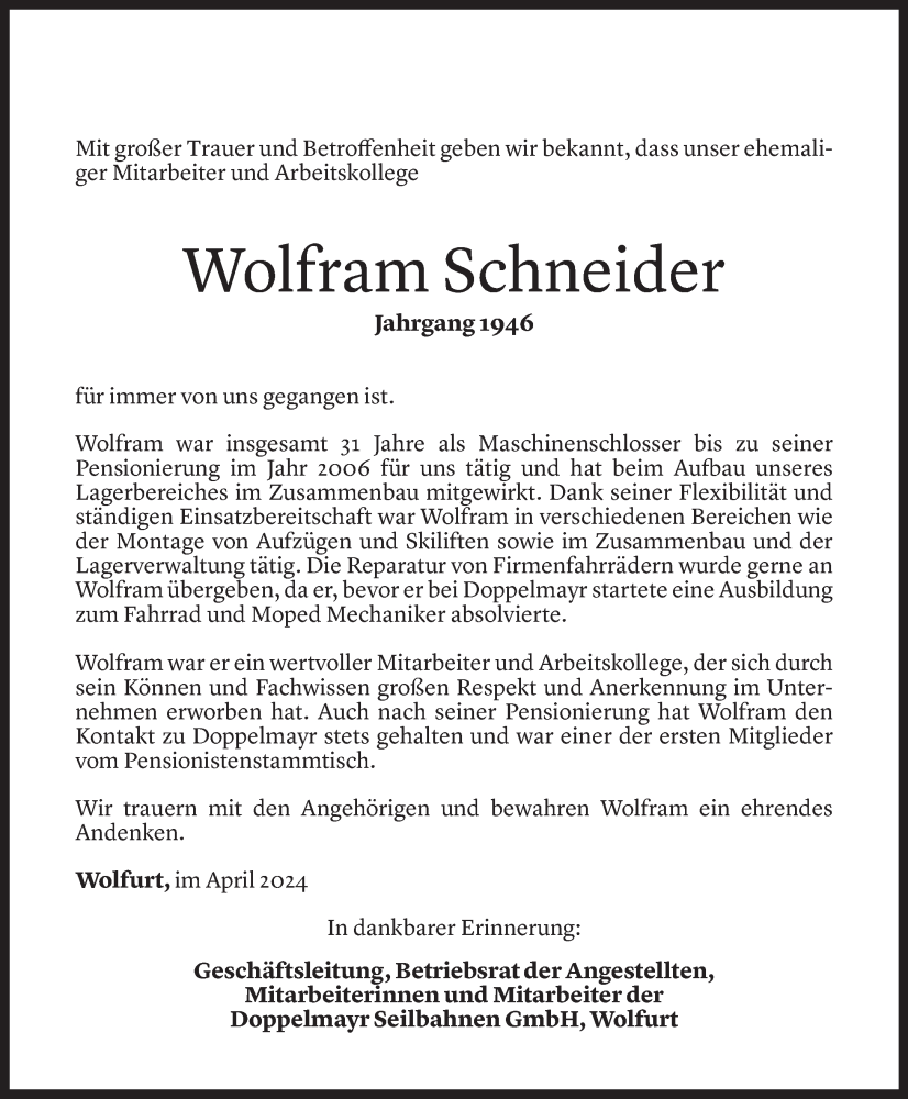  Todesanzeige für Wolfram Schneider vom 18.04.2024 aus Vorarlberger Nachrichten