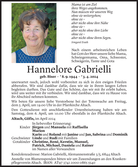Todesanzeige von Hannelore Gabrielli von Vorarlberger Nachrichten
