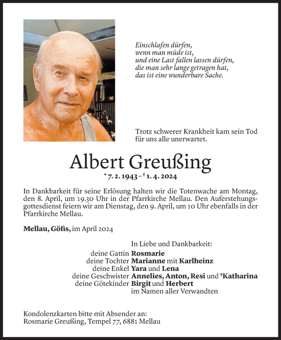 Todesanzeige von Albert Greußing von Vorarlberger Nachrichten