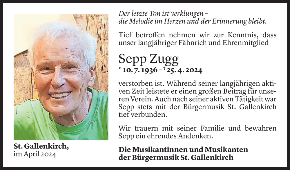  Todesanzeige für Josef Zugg vom 29.04.2024 aus Vorarlberger Nachrichten