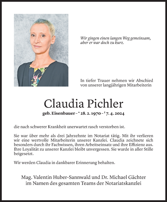 Todesanzeige von Claudia Pichler von Vorarlberger Nachrichten