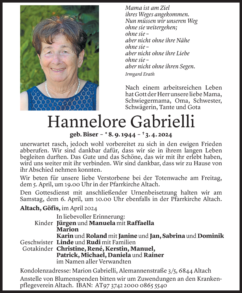  Todesanzeige für Hannelore Gabrielli vom 03.04.2024 aus Vorarlberger Nachrichten