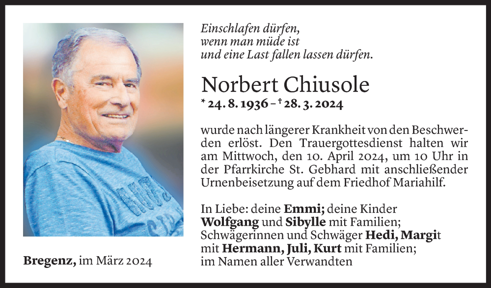  Todesanzeige für Norbert Chiusole vom 06.04.2024 aus Vorarlberger Nachrichten