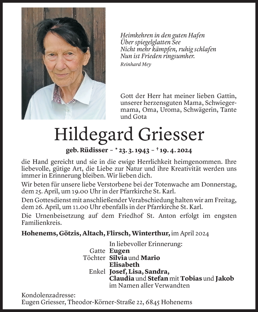  Todesanzeige für Hildegard Griesser vom 23.04.2024 aus Vorarlberger Nachrichten