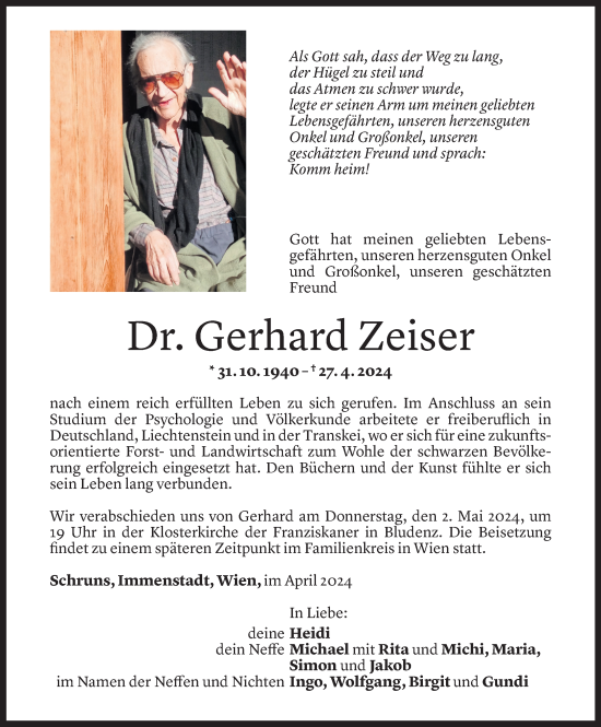 Todesanzeige von Gerhard Zeiser von Vorarlberger Nachrichten