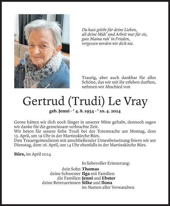 Todesanzeige von Gertrud Le Vray von Vorarlberger Nachrichten