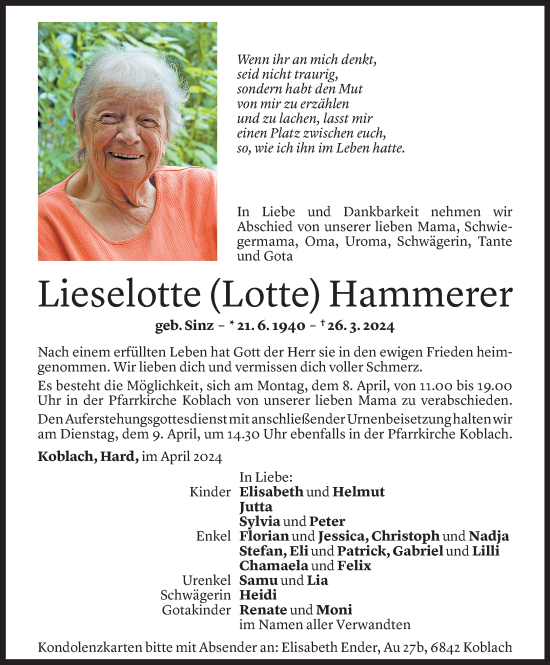 Todesanzeige von Lieselotte Hammerer von Vorarlberger Nachrichten