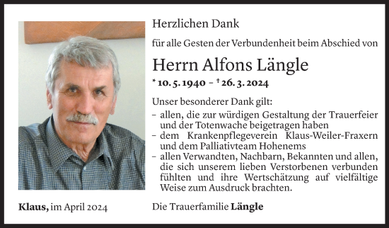 Todesanzeige von Alfons Längle von Vorarlberger Nachrichten