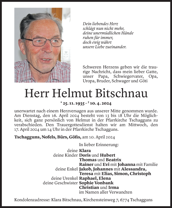 Todesanzeige von Helmut Bitschnau von Vorarlberger Nachrichten