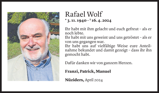 Todesanzeige von Rafael Wolf von Vorarlberger Nachrichten