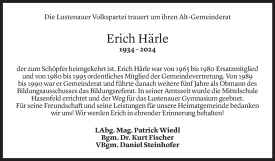 Todesanzeige von Erich Härle von Vorarlberger Nachrichten