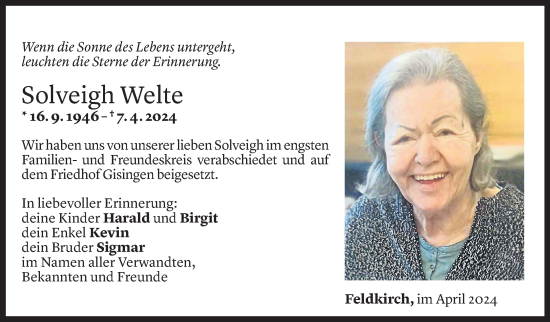 Todesanzeige von Solveigh Welte von Vorarlberger Nachrichten