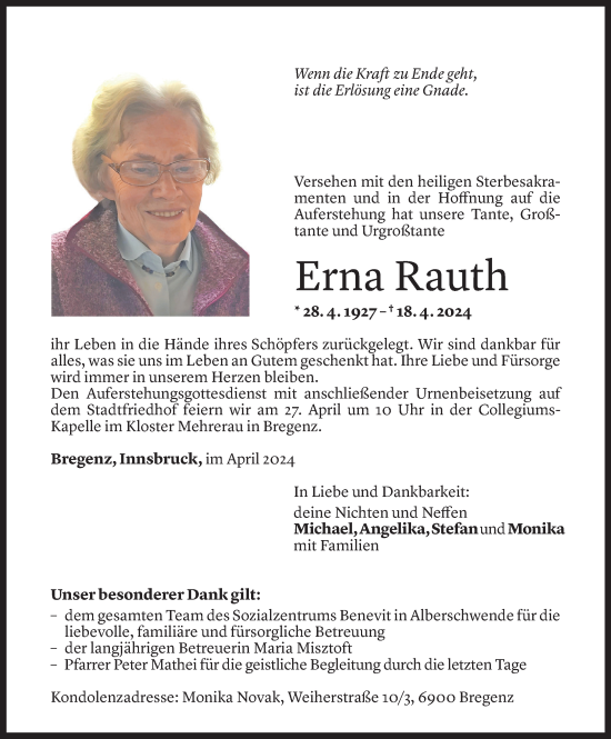 Todesanzeige von Erna Rauth von Vorarlberger Nachrichten