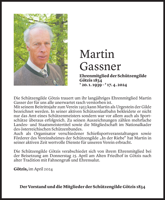 Todesanzeige von Martin Gassner von Vorarlberger Nachrichten