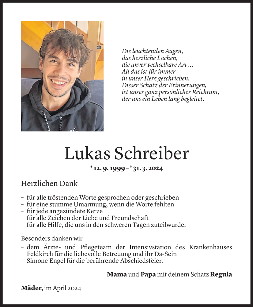  Todesanzeige für Lukas Schreiber vom 19.04.2024 aus Vorarlberger Nachrichten