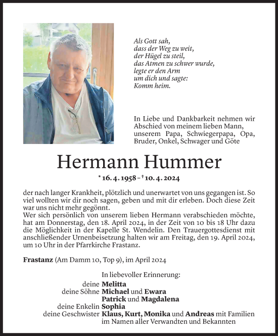 Todesanzeige von Hermann Hummer von Vorarlberger Nachrichten
