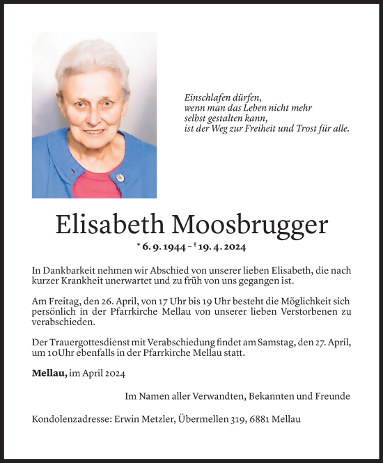 Todesanzeige von Elisabeth Moosbrugger von Vorarlberger Nachrichten