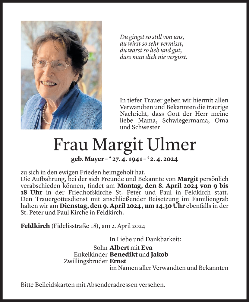  Todesanzeige für Margit Ulmer vom 05.04.2024 aus Vorarlberger Nachrichten
