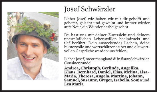 Todesanzeige von Josef Schwärzler von Vorarlberger Nachrichten