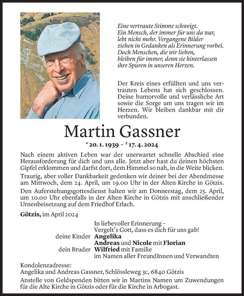  Todesanzeige für Martin Gassner vom 21.04.2024 aus Vorarlberger Nachrichten