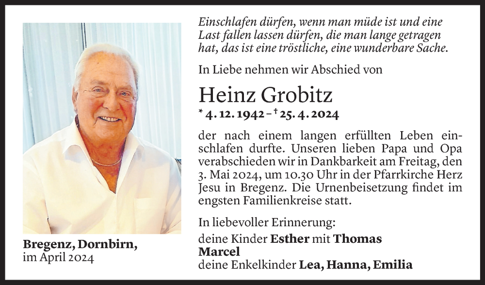  Todesanzeige für Heinz Grobitz vom 30.04.2024 aus Vorarlberger Nachrichten