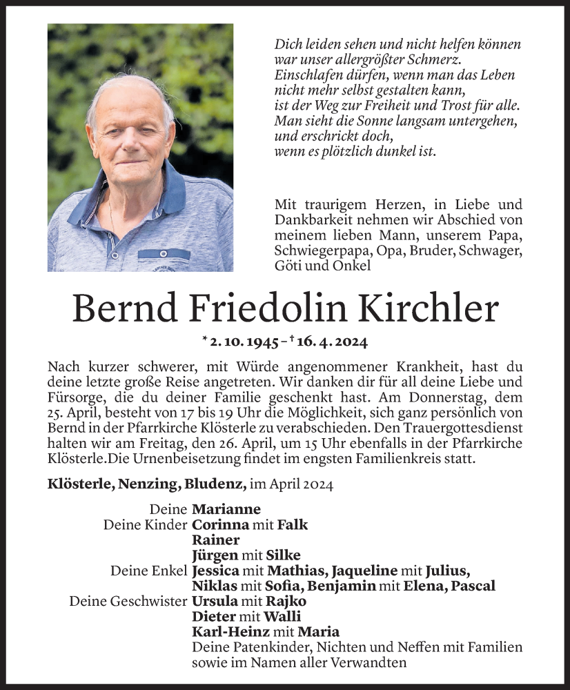  Todesanzeige für Bernd Kirchler vom 23.04.2024 aus Vorarlberger Nachrichten