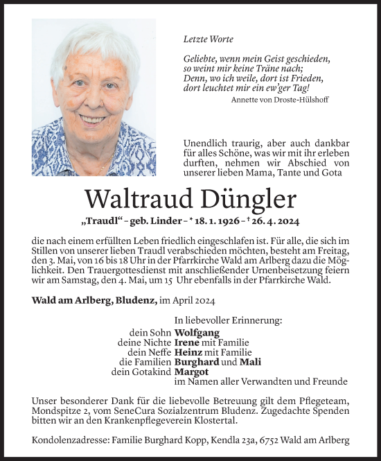 Todesanzeige von Waltraud Düngler von Vorarlberger Nachrichten
