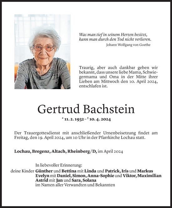 Todesanzeige von Gertrud Bachstein von Vorarlberger Nachrichten