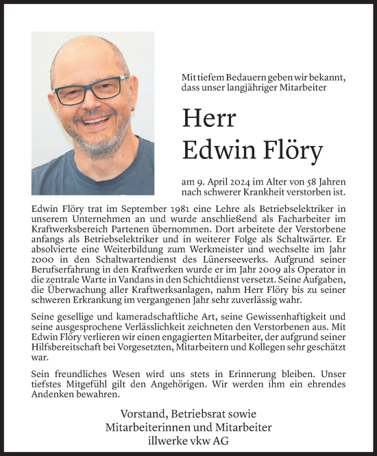 Todesanzeige von Edwin Flöry von Vorarlberger Nachrichten
