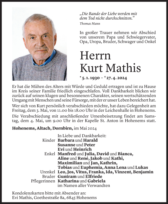 Todesanzeige von Kurt Mathis von Vorarlberger Nachrichten