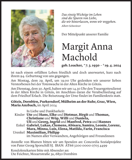 Todesanzeige von Margit Anna Machold von Vorarlberger Nachrichten