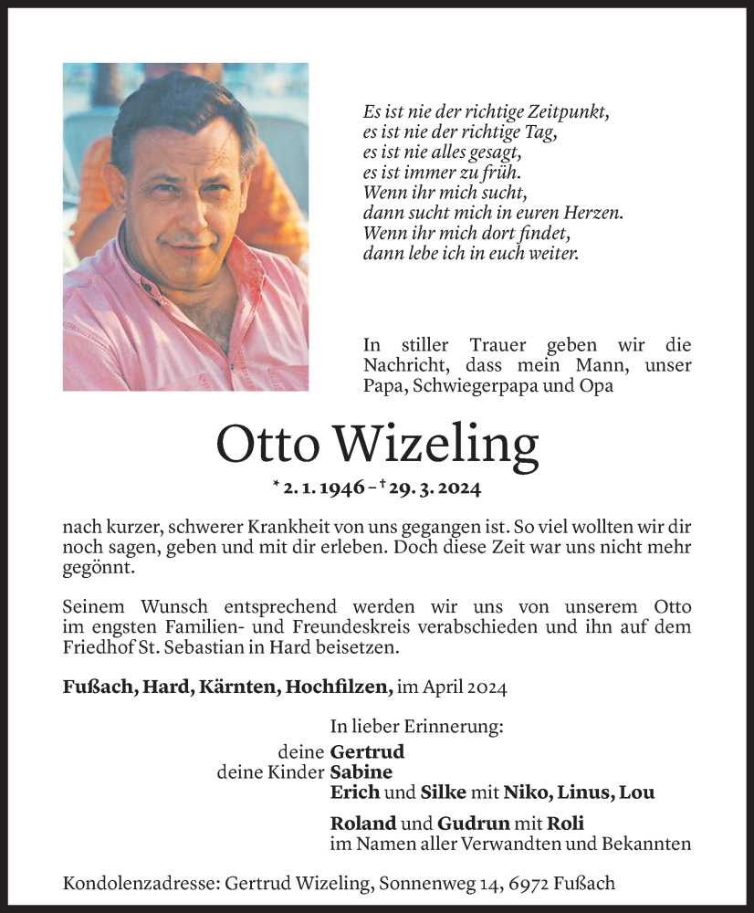 Todesanzeige für Otto Wizeling vom 06.04.2024 aus Vorarlberger Nachrichten