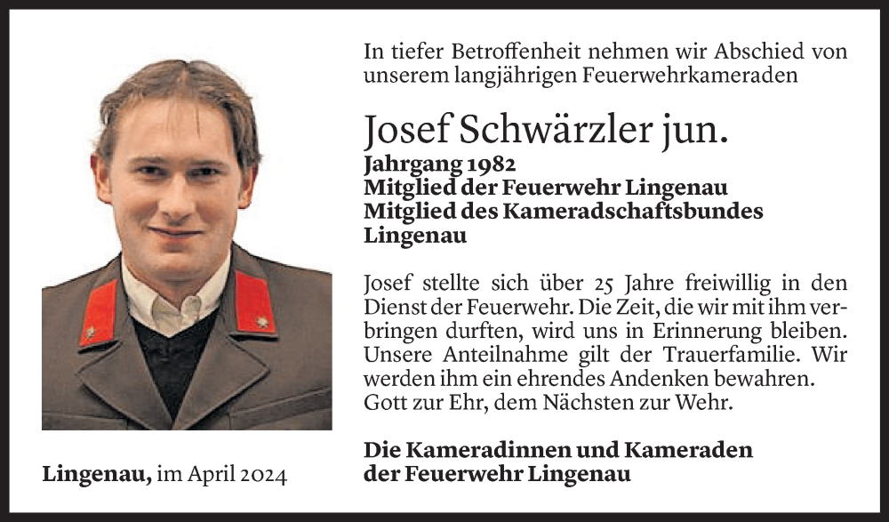  Todesanzeige für Josef Schwärzler vom 18.04.2024 aus Vorarlberger Nachrichten