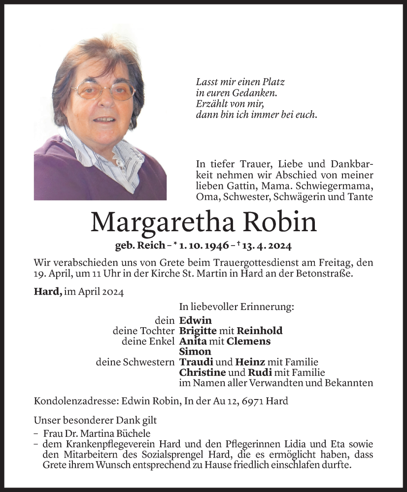  Todesanzeige für Margaretha Robin vom 17.04.2024 aus Vorarlberger Nachrichten