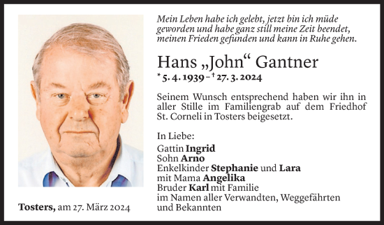 Todesanzeige von Hans Gantner von Vorarlberger Nachrichten