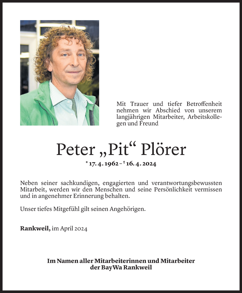  Todesanzeige für Peter Plörer vom 24.04.2024 aus Vorarlberger Nachrichten