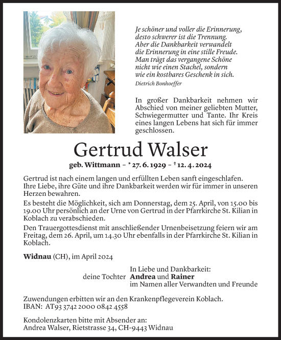 Todesanzeige von Gertrud Walser von Vorarlberger Nachrichten