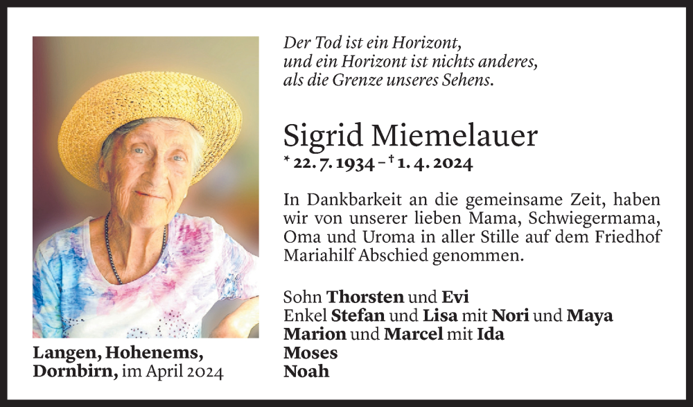  Todesanzeige für Sigrid Miemelauer vom 09.04.2024 aus Vorarlberger Nachrichten