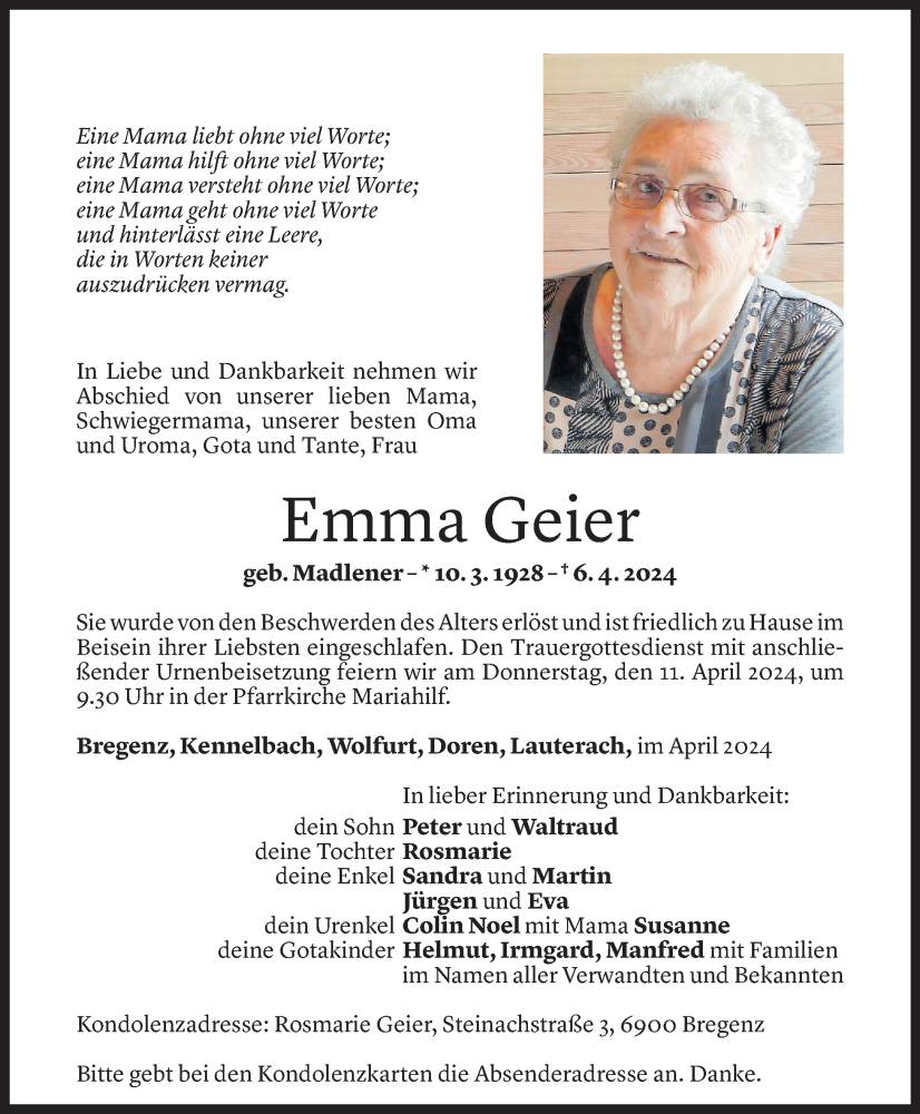  Todesanzeige für Emma Geier vom 09.04.2024 aus Vorarlberger Nachrichten
