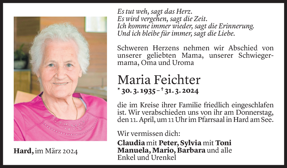  Todesanzeige für Maria Feichter vom 08.04.2024 aus Vorarlberger Nachrichten