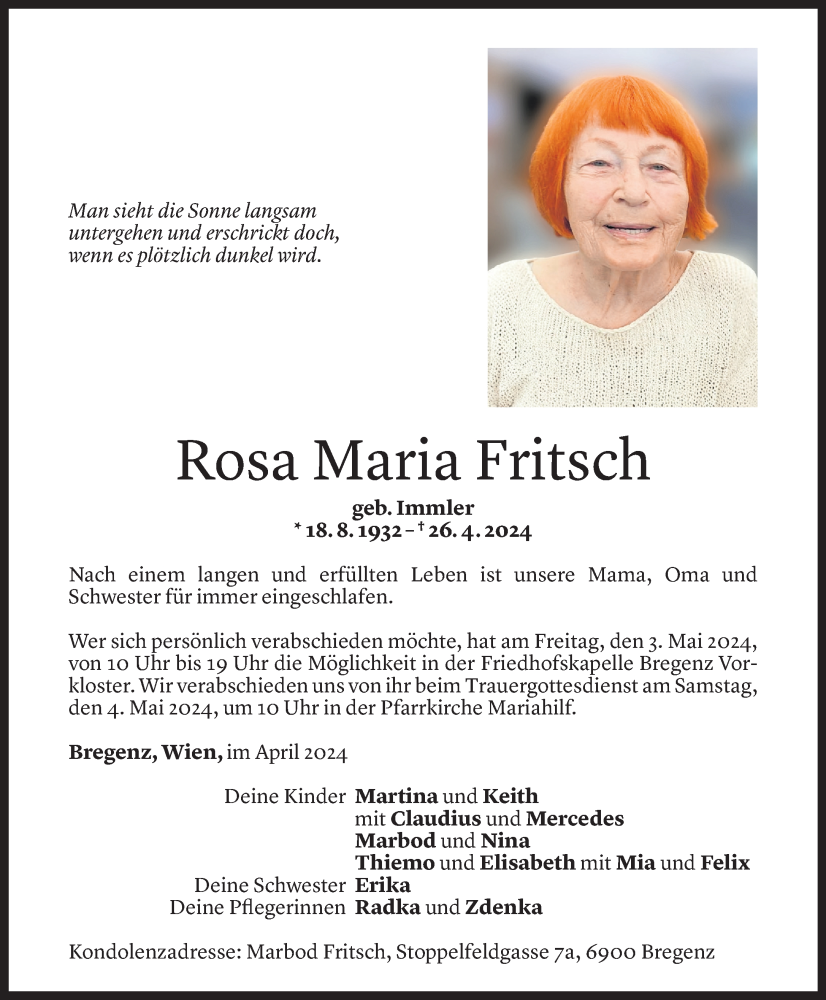  Todesanzeige für Rosa Maria Fritsch vom 30.04.2024 aus Vorarlberger Nachrichten