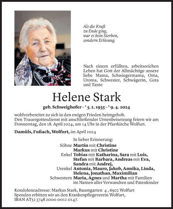 Todesanzeige von Helene Stark von Vorarlberger Nachrichten