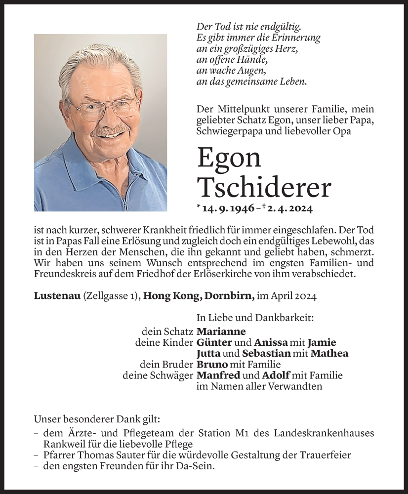  Todesanzeige für Egon Tschiderer vom 11.04.2024 aus Vorarlberger Nachrichten