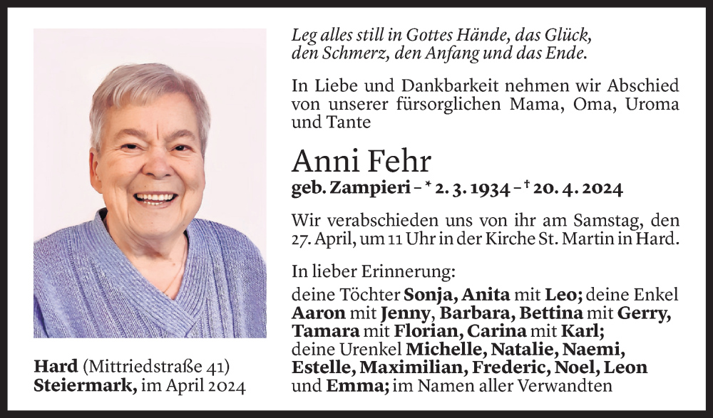  Todesanzeige für Anna Fehr vom 23.04.2024 aus Vorarlberger Nachrichten