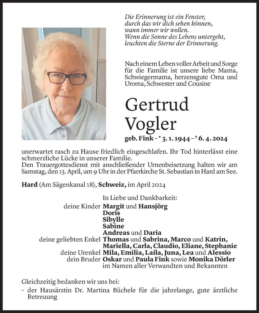  Todesanzeige für Gertrud Vogler vom 10.04.2024 aus Vorarlberger Nachrichten