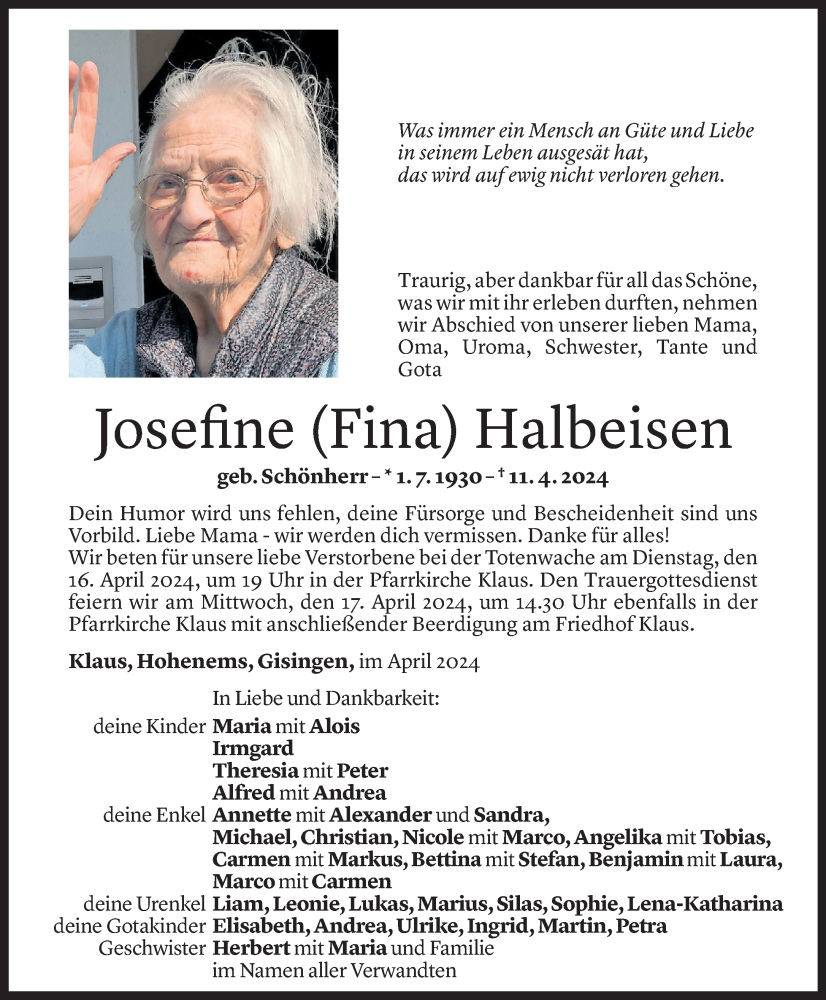  Todesanzeige für Josefine Halbeisen vom 12.04.2024 aus Vorarlberger Nachrichten