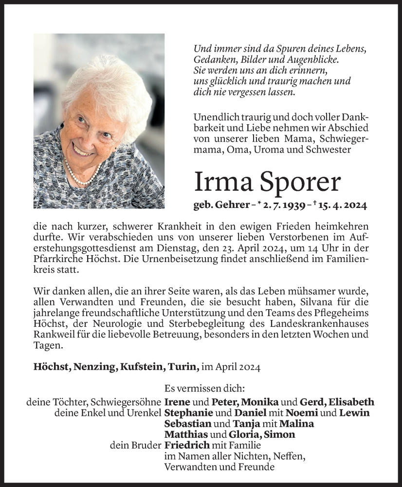  Todesanzeige für Irma Sporer vom 19.04.2024 aus Vorarlberger Nachrichten